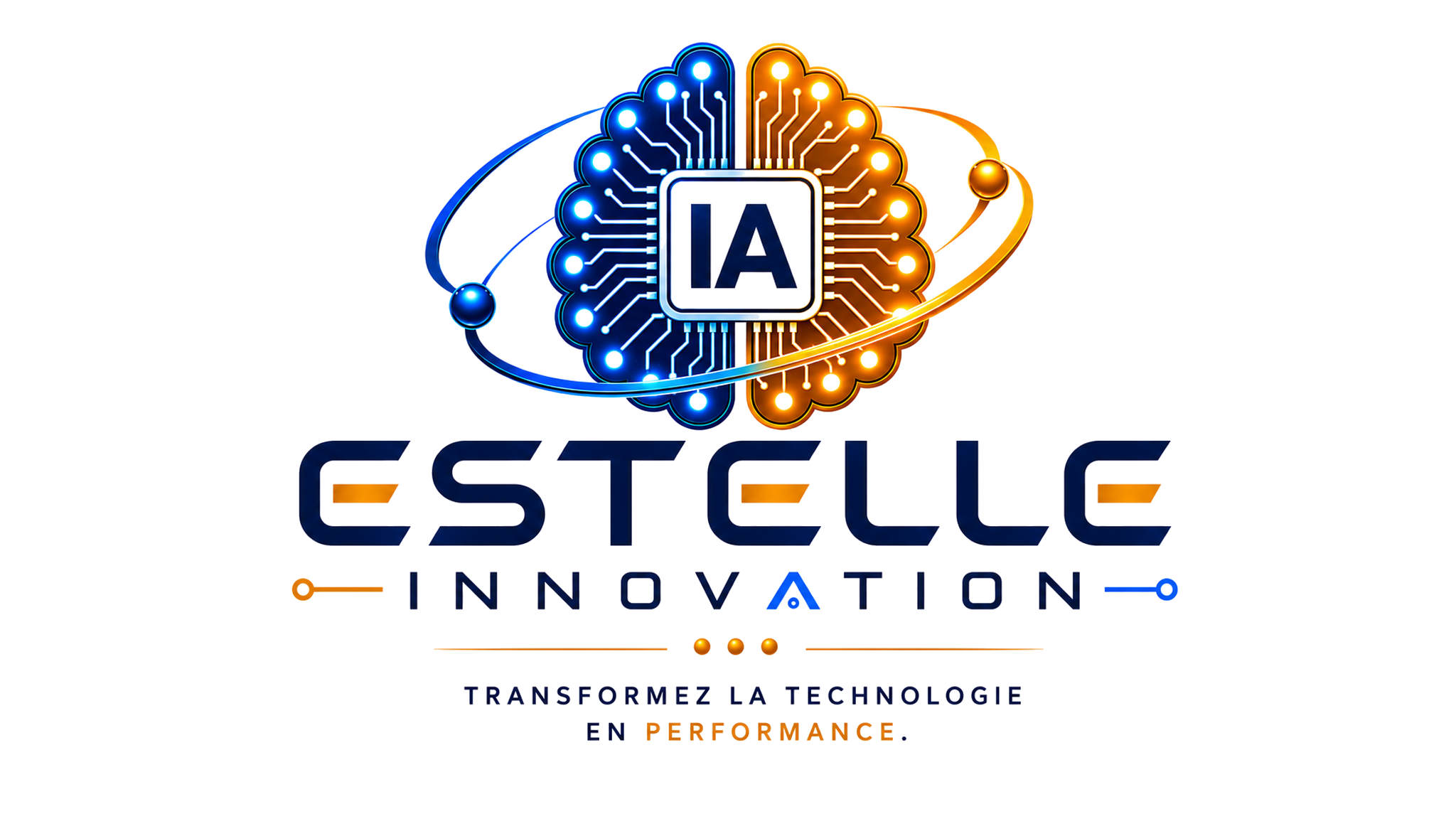 Logo ESTELLE INNOVATION avec cerveau électronique bleu et orange, intelligence artificielle et slogan Transformez la technologie en performance